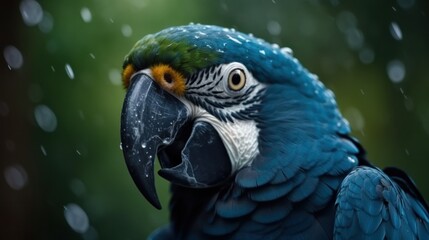 Blue wild ara parrot portrait. Macaw parrot face close up. Generative AI Brazil bird