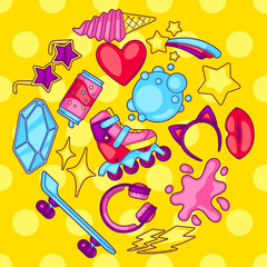 Wall Mural - Background with fashion girlish items. Colorful teenage illustration. Creative girls symbols in cartoon style.