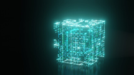 Poster - 3d rendering of an abstract neon cube over a black reflective surface. the tesseract. a fantastic il