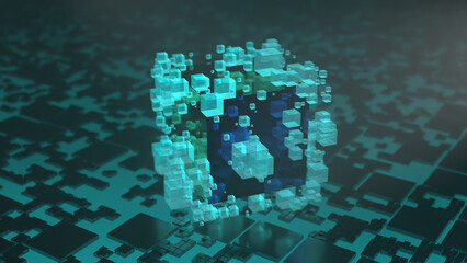 Poster - 3d rendering of a variety of cubes of different sizes and a cubic abstract background of black geome