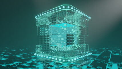 Poster - 3d rendering of an abstract power plant. a quantum reactor. glowing cubes and neon rays. abstract il