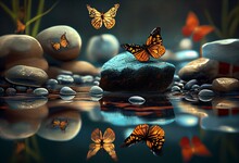 Zen Stones On The Water, Pebbles Butterflies And Reflections, Spa And Meditation Concept. Generative AI