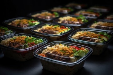 Wall Mural - Modern Thai food lunch boxes in plastic packages. AI generated