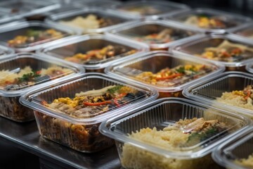 Wall Mural - Modern Thai food lunch boxes in plastic packages. AI generated