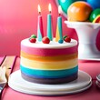 AI-generated illustration. a rainbow birthday cake, with colorful sweets and ornaments