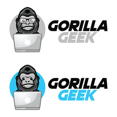 Modern vector flat design simple minimalist logo template of cute geek nerd gorilla cartoon head vector for brand, emblem, label, badge. Isolated on white background.