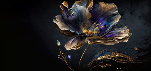  a wallpaper botanical flowers with one big flower for whole artwork flowing alcohol ink style bioluminescence navy blue background, white, gold, generative ai.