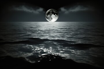 Wall Mural - serene full moon reflecting on a calm body of water at night. Generative AI