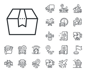 Poster - delivery parcel sign. plane, supply chain and place location outline icons. package box line icon. c