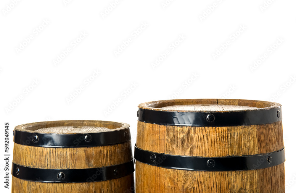 Oak barrels with metal hoops isolated on white background