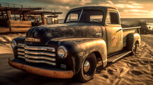  Vintage Pick Up Truck On A Beach - Generative AI