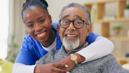 Sticker - Senior man, nurse and hug with face, smile and care in house for retirement, wellness and happiness. Nursing home, black woman and elderly male with portrait, support and happy for healthcare service