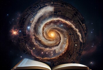 Science and research of the universe, spiral galaxy and physical formulas, concept of knowledge and education. Elements of this image furnished by NASA. Generative AI