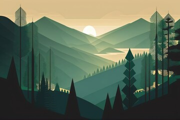 Sticker - serene forest landscape with towering mountains and lush trees. Generative AI