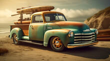 Vintage Pick Up Truck On A Surf Beach - Generative AI
