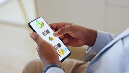 Poster - Hands, phone screen and online shopping for food in office, ordering or web browsing for choice. Internet, cellphone app and website scroll for lunch, dinner or meal on ecommerce menu with black man