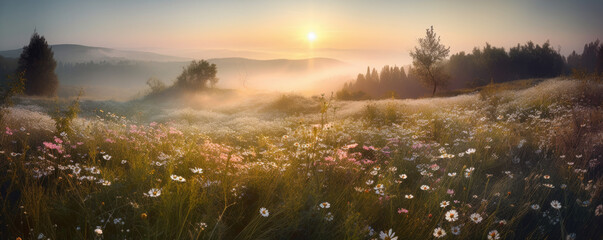 Wall Mural - Beautiful panoramic landscape of a green hills with spring flowers - AI Generated