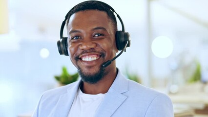 Canvas Print - Face, smile and black man in call center for telemarketing, customer service or support. Portrait, sales agent and happy consultant, business or African professional from Nigeria consulting in office