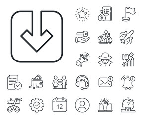 Poster - Download arrowhead symbol. Salaryman, gender equality and alert bell outline icons. Load document line icon. Direction or pointer sign. Load document line sign. Spy or profile placeholder icon. Vector