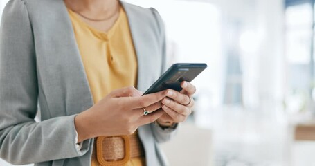 Poster - Typing, phone and hands of business woman in office for social media, networking and website research. Communication, corporate and female worker on smartphone for email, chatting and text message