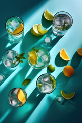 Wall Mural - Overhead shot of a refreshing gin and tonic drink with sunlight and shadows. Generative ai