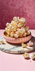 Wall Mural - A little stack of flavored popcorn on a pink plate on marble table. Generative AI