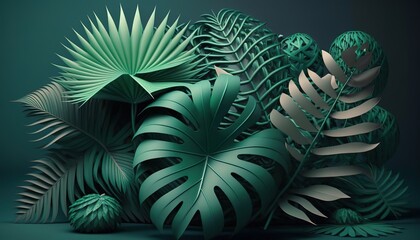 Wall Mural - arrangement of green palm leaves generative ai