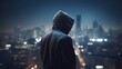 © cac_tus - A hacker in a hooded jacket standing in front of a cityscape. Generative Ai