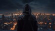 © cac_tus - A hacker in a hooded jacket standing in front of a cityscape. Generative Ai
