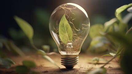 Poster - Green plant growth in light bulb. Generative ai
