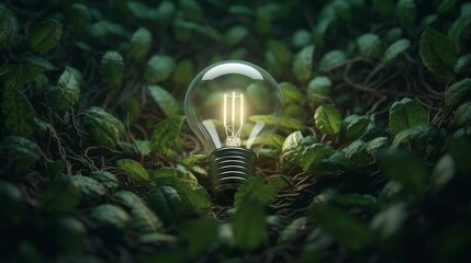Poster - Green plant growth in light bulb. Generative ai