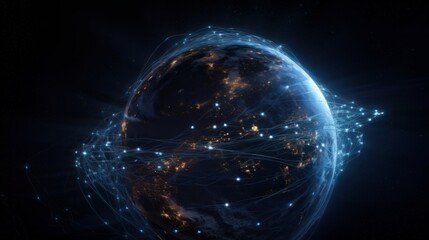Poster - Image of the planet Earth in space experimental fiber - optic communications and Internet communications. Generative ai