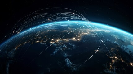 Poster - Image of the planet Earth in space experimental fiber - optic communications and Internet communications. Generative ai