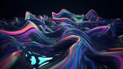 Poster - Abstract fluid iridescent holographic neon curved wave in motion colorful background 3d render. Generative AI