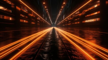 Poster - Orange glowing speed lines on black background. Generative ai