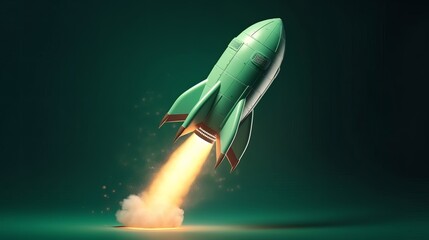Poster - Rocket taking off isolated on green background. Generative ai