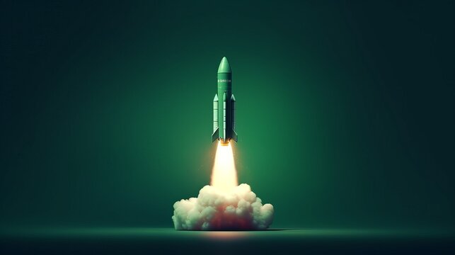Rocket taking off isolated on green background. Generative ai