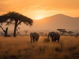 Fototapeta Sawanna - The photograph shows a family of elephants walking across a savannah. The sun is setting, casting a warm orange glow on the grass and the elephants' skin. In the background, there are trees and mounta