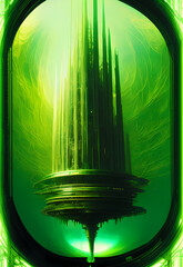Wall Mural - technological utopia cyberpunk city, sci fi, green light, fog, science fiction setting, alien planet