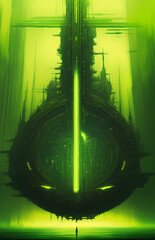 Wall Mural - technological utopia cyberpunk city, sci fi, green light, fog, science fiction setting, alien planet