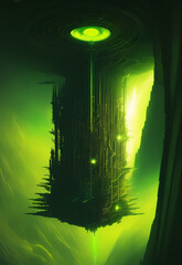 Wall Mural - technological utopia cyberpunk city, sci fi, green light, fog, science fiction setting, alien planet