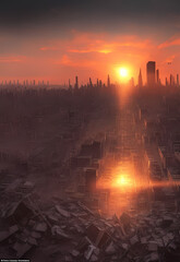 Wall Mural - sun set on the ruined city, world of darkness and despair, a place where hope had long since died, g