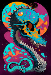  horror illustration of a moster with skullface, fire and clouds, surrealism art 80s of dragon skull, generativ ai ki, digital art painting, poster design, colorful rockabilly, rock n roll poster, hell