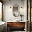 © BathroomOasis - A classic Mid-Century Modern Bathroom with a brass faucet and frosted glass accents, generative ai