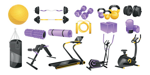 Collage of modern sports equipment on white background