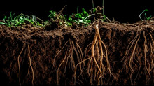 Roots Of Plant Growing Underground Close Up, Layers Of Soil Cross. Generative AI