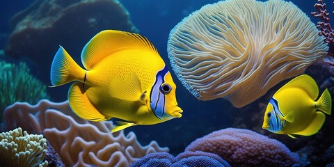 Sticker - Fish, coral, and coral fish in a gorgeous aquarium. Generative AI