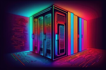 Poster - modern computer server with colorful neon lights in a data center. generative ai