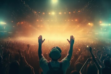 Open air concert, crowd partying stage lights live concert summer music festival. AI generated, human enhanced