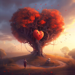 Wall Mural - Generative AI: fantasy tree and with gardens and path